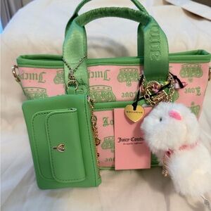 Juicy Couture Pink & Green Logo Tote with Green Wallet and Pom Charm